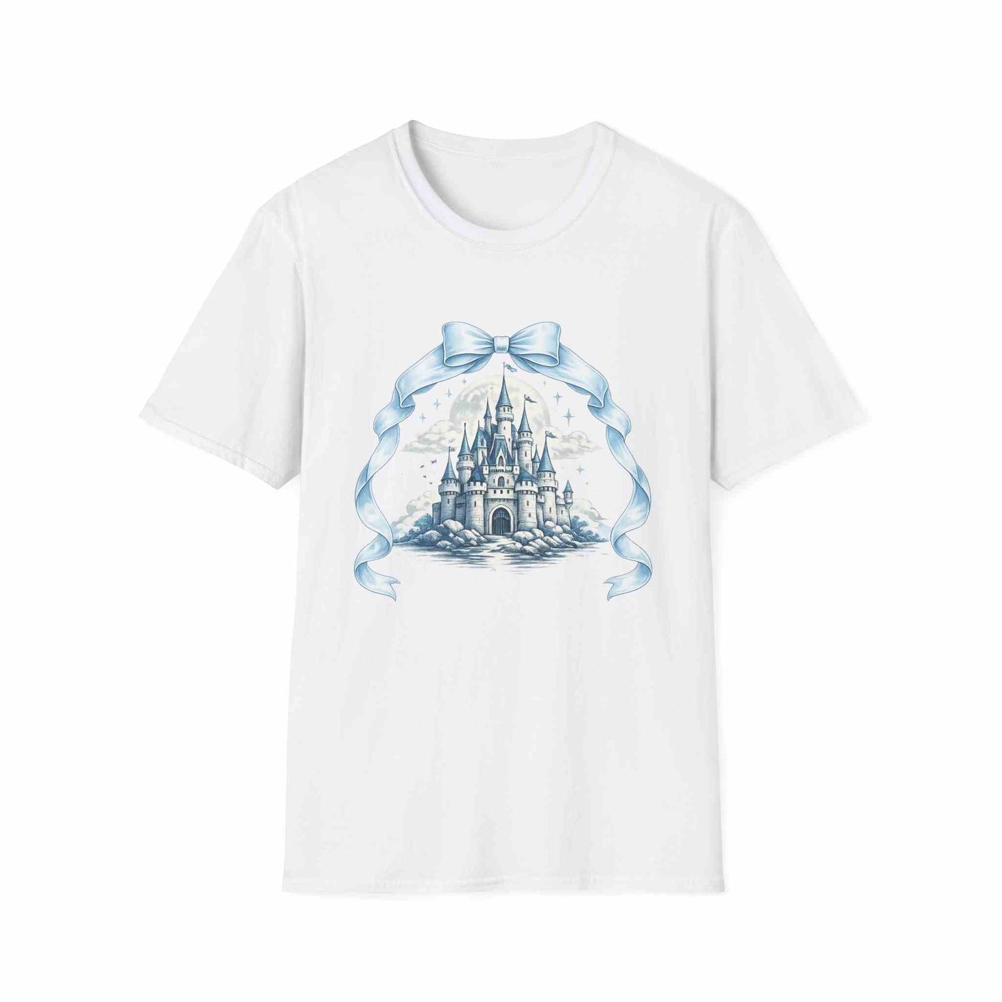 Blue Castle Illustration T-Shirt with ribbon design, lightweight cotton tee for casual wear