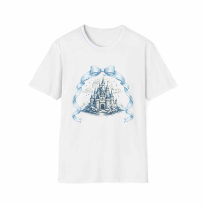 Blue Castle Illustration T-Shirt with ribbon design, lightweight cotton tee for casual wear