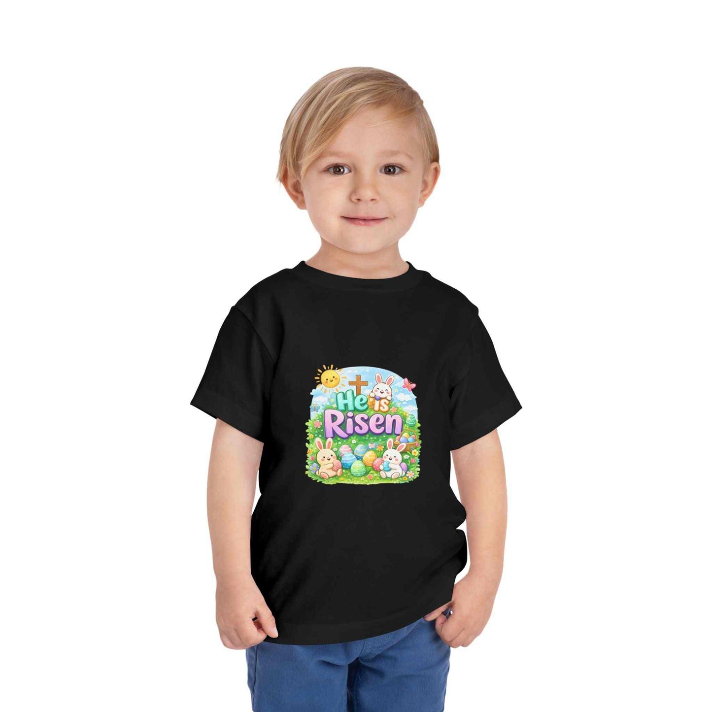 He Is Risen toddler tee with Easter bunny and cross design on soft pastel kids shirt