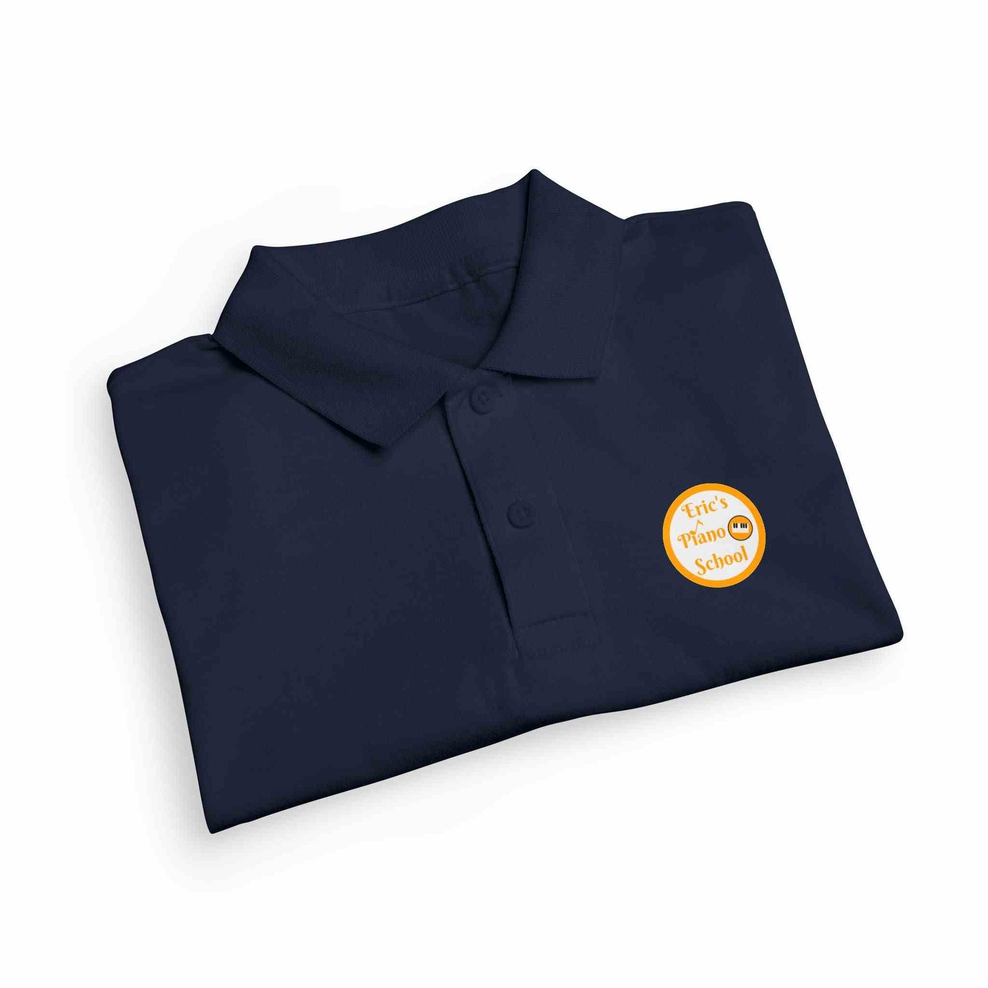 Youth gold logo polo shirt for kids by Eric's Piano School, made with moisture-wicking DryBlend fabric and contoured collar