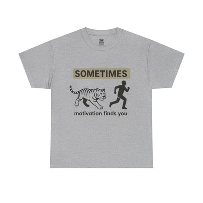 Funny Motivation T-Shirt – “Sometimes Motivation Finds You” Tiger Chase Running Tee for Fitness & Gym Lovers