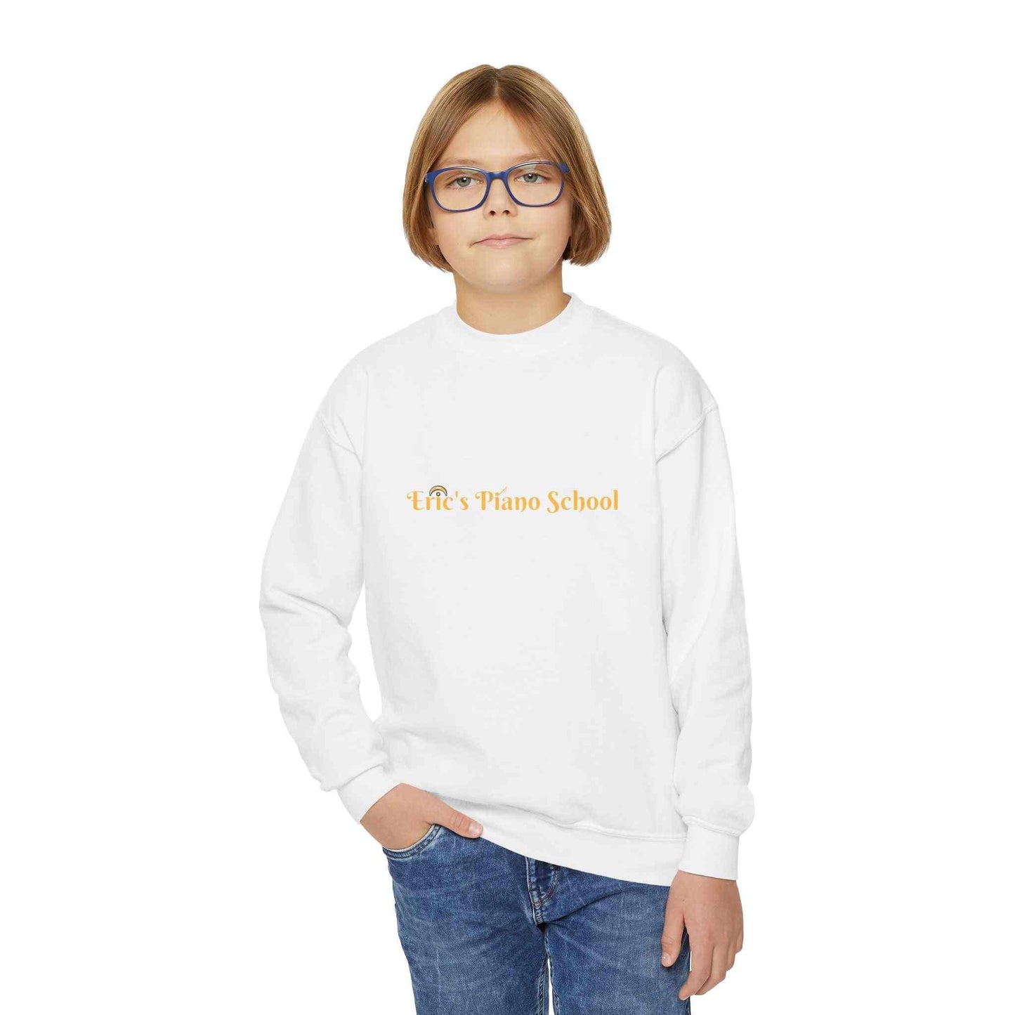 Cozy youth sweatshirt with piano school emblem, soft midweight fabric, and loose fit for music lessons and recitals.