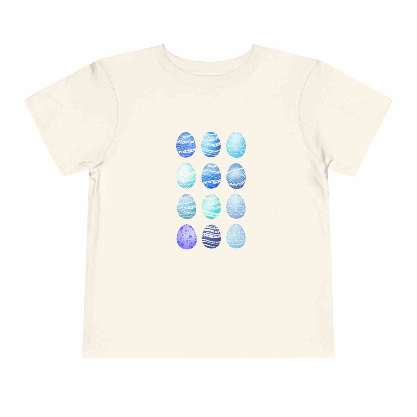 Blue toddler tee with watercolor Easter eggs graphic for boys