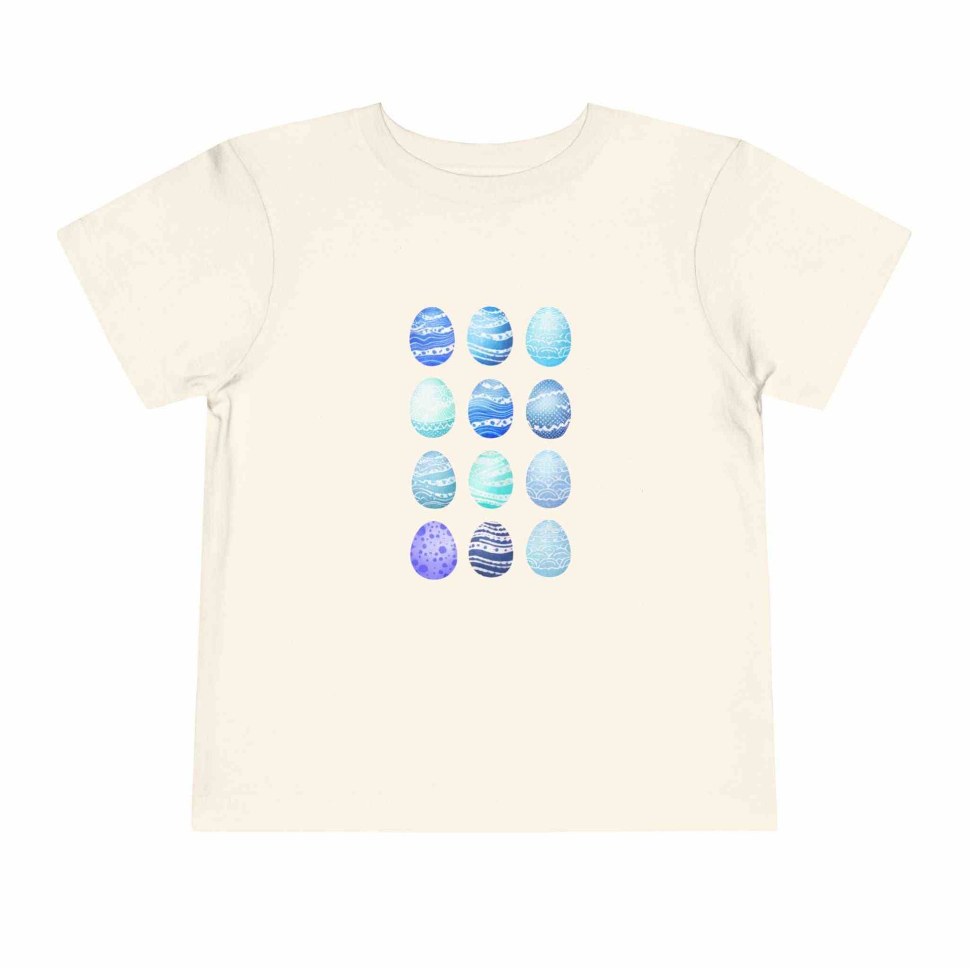 Blue toddler tee with watercolor Easter eggs graphic for boys