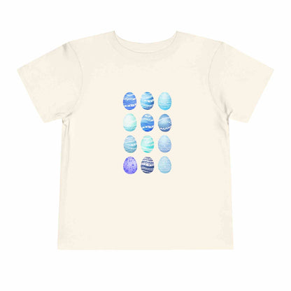 Blue toddler tee with watercolor Easter eggs graphic for boys