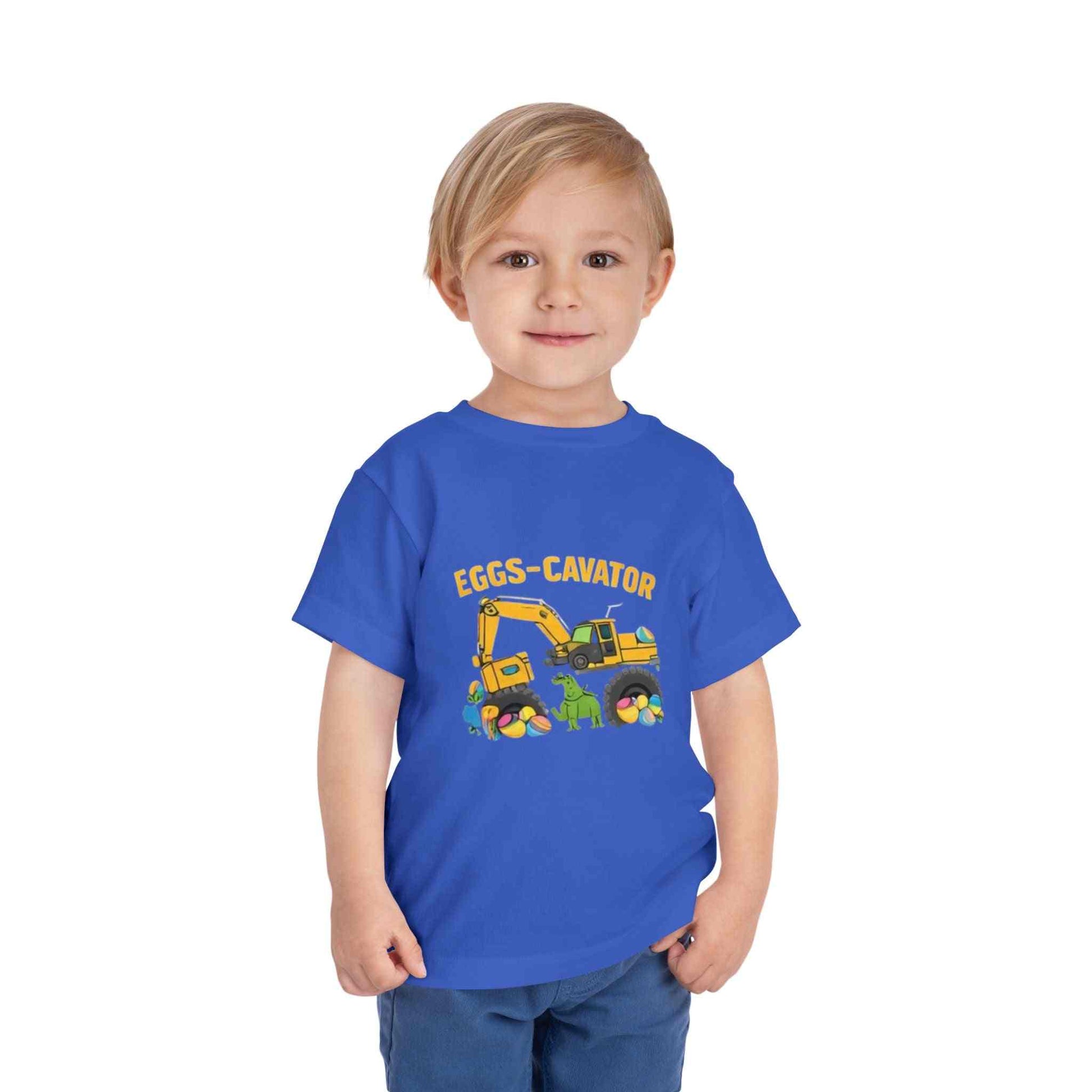 Eggs-cavator toddler tee with excavator and Easter egg design, soft cotton Easter shirt for kids