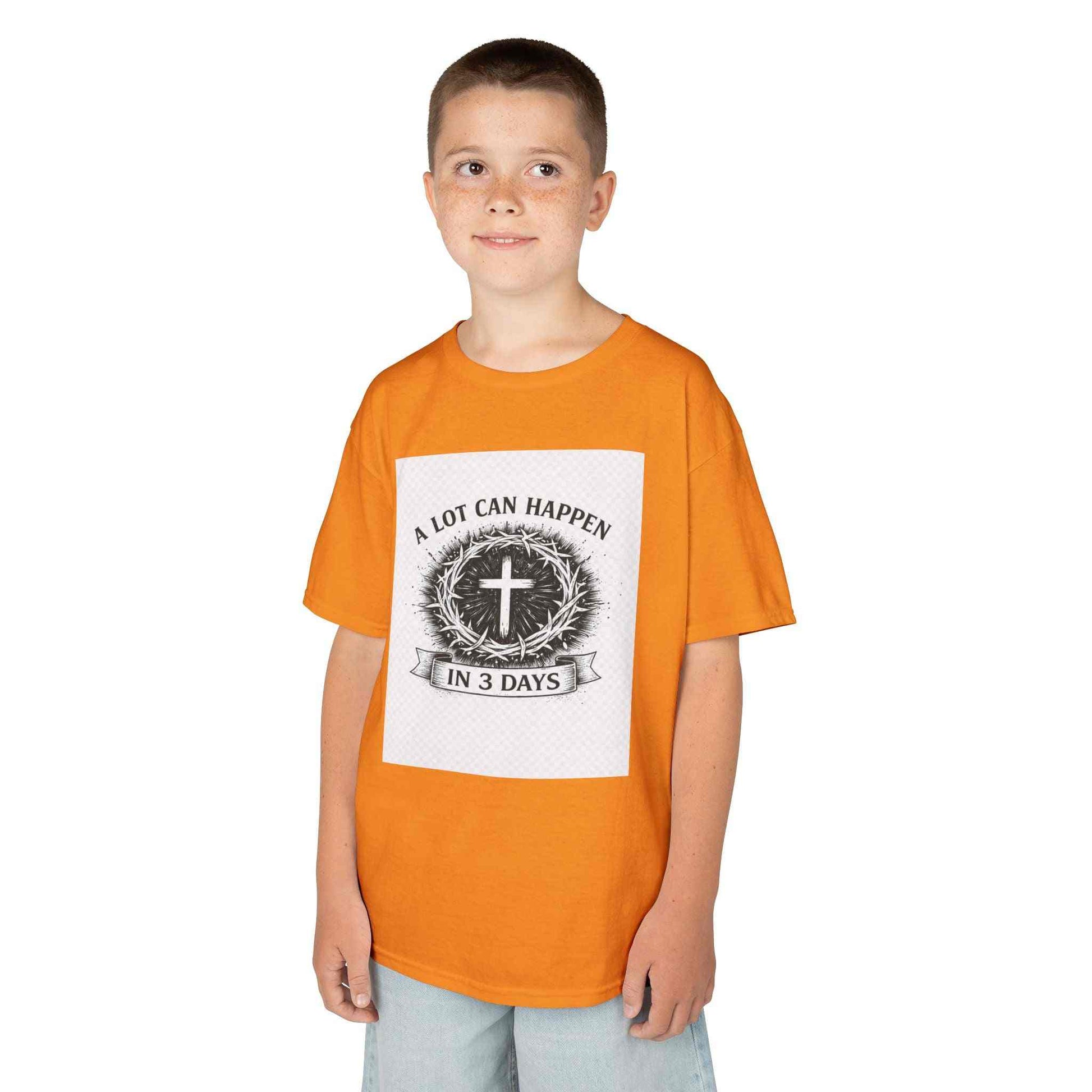 Kids tee with vintage cross and "A Lot Can Happen in 3 Days" design, soft breathable cotton