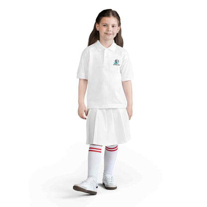 Youth polo shirt with small school logo made from breathable DryBlend fabric