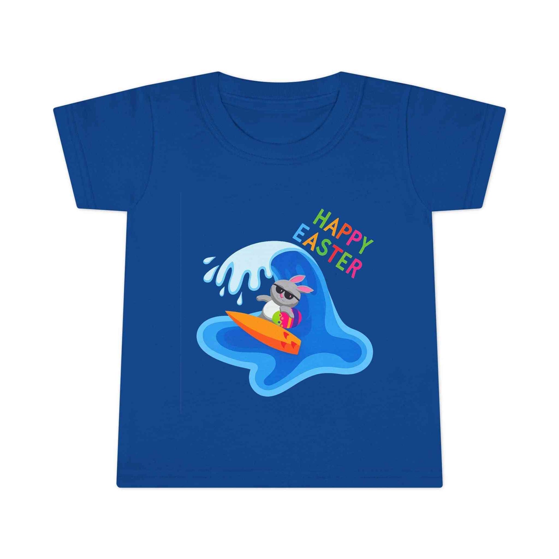 Toddler boy wearing Happy Easter Surf Bunny Shirt with beach bunny graphic and rainbow text