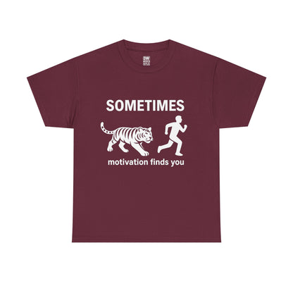 Funny Motivation T-Shirt – “Sometimes Motivation Finds You” Tiger Chase Running Tee for Fitness & Gym Lovers