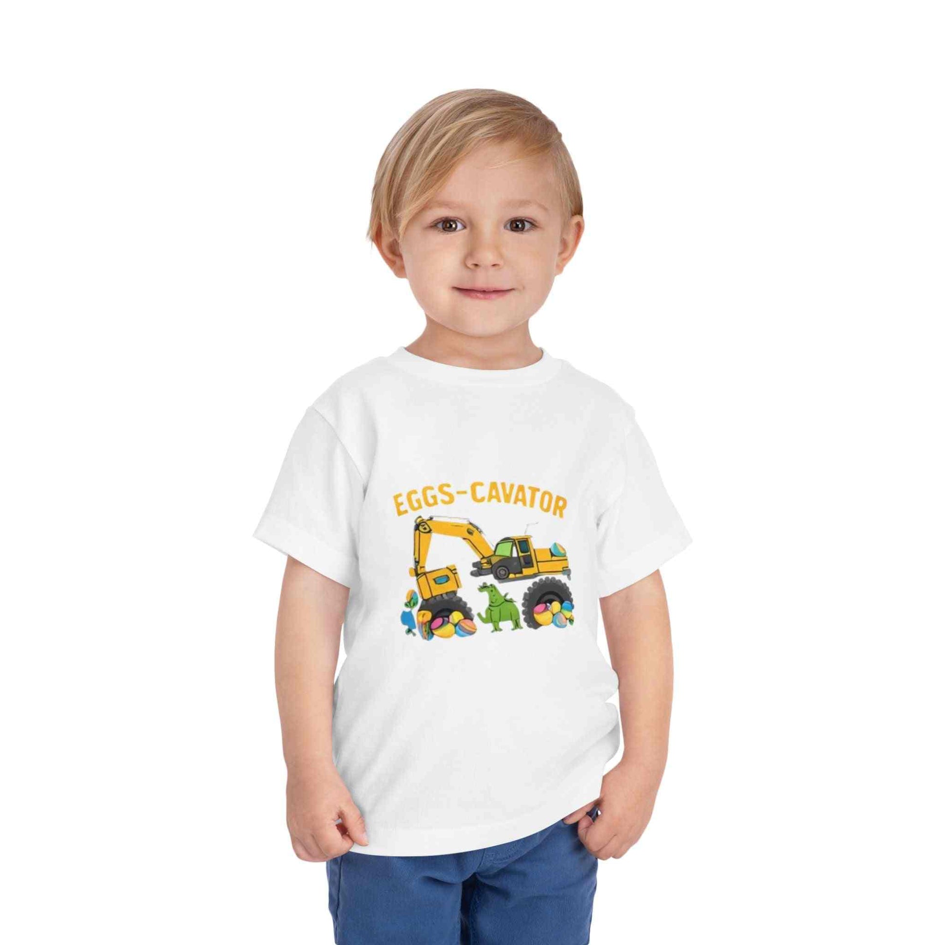 Toddler Easter shirt with excavator scooping colorful eggs Eggs-cavator Toddler Tee design