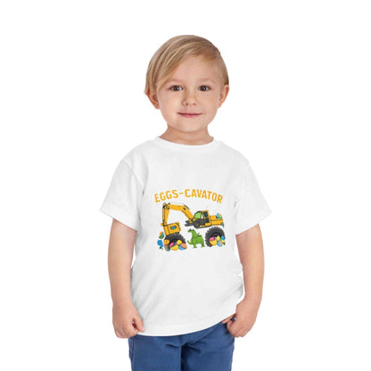 Toddler Easter shirt with excavator scooping colorful eggs Eggs-cavator Toddler Tee design