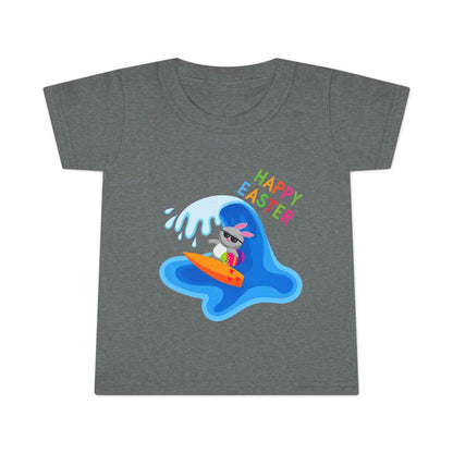 Toddler boy's Happy Easter Surf Bunny Shirt with surf bunny graphic and rainbow text