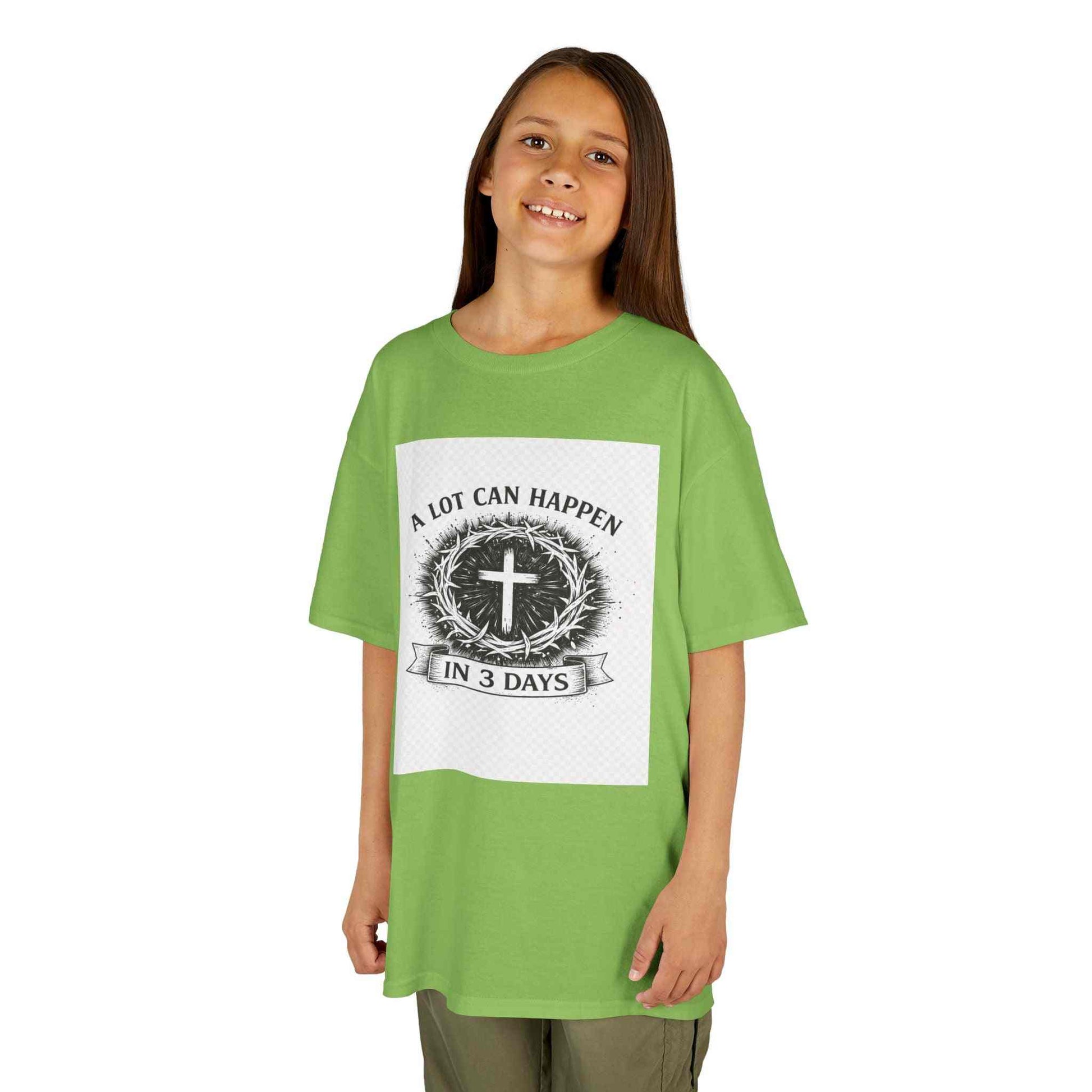Kids tee with vintage Christian cross and "A Lot Can Happen in 3 Days" design on soft midweight cotton