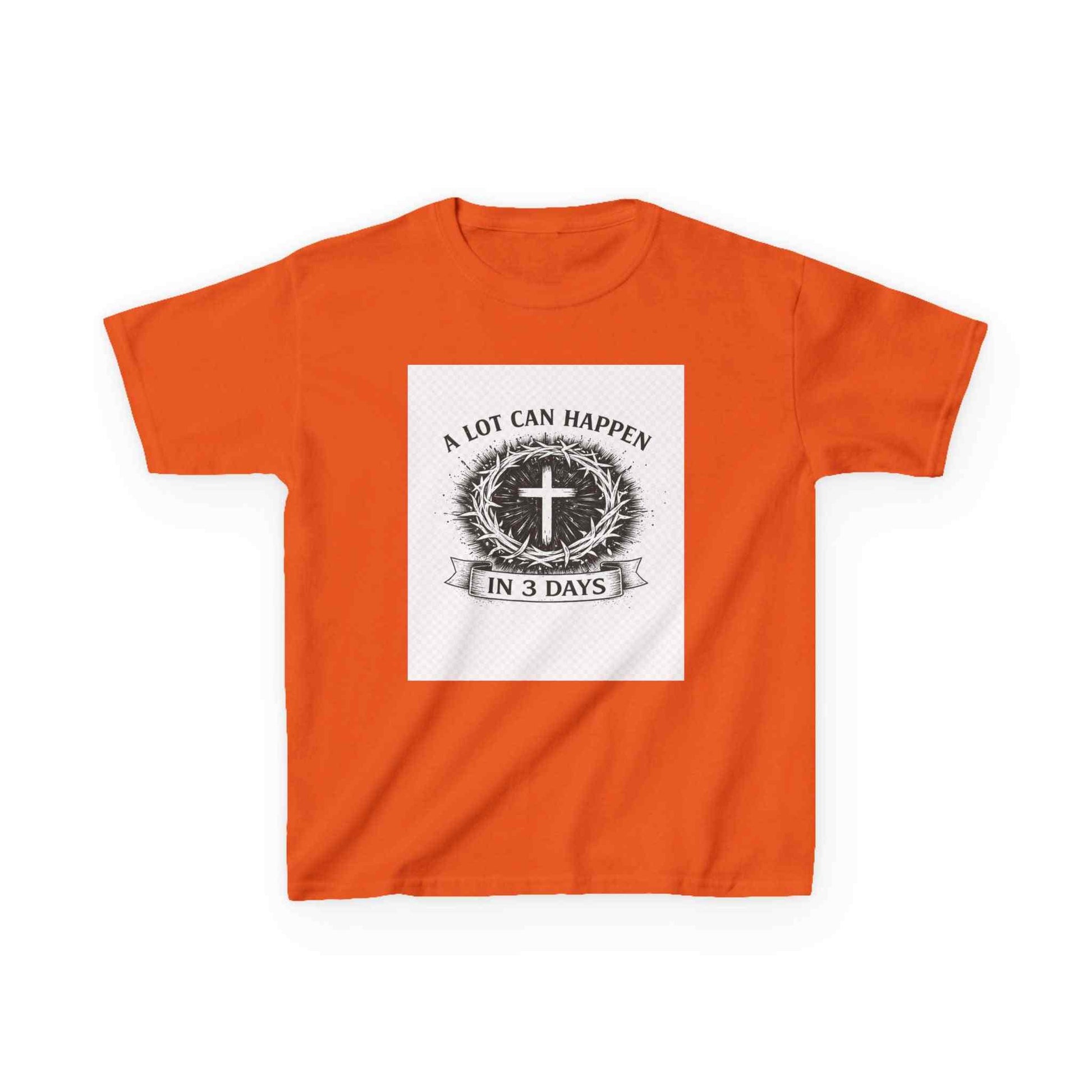 Kids Tee with vintage Christian cross and "A Lot Can Happen in 3 Days" design on soft breathable cotton