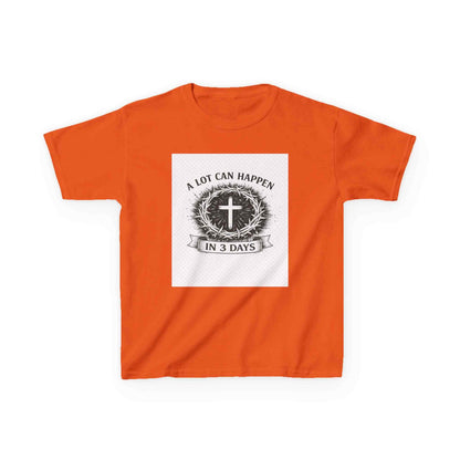 Kids Tee with vintage Christian cross and "A Lot Can Happen in 3 Days" design on soft breathable cotton