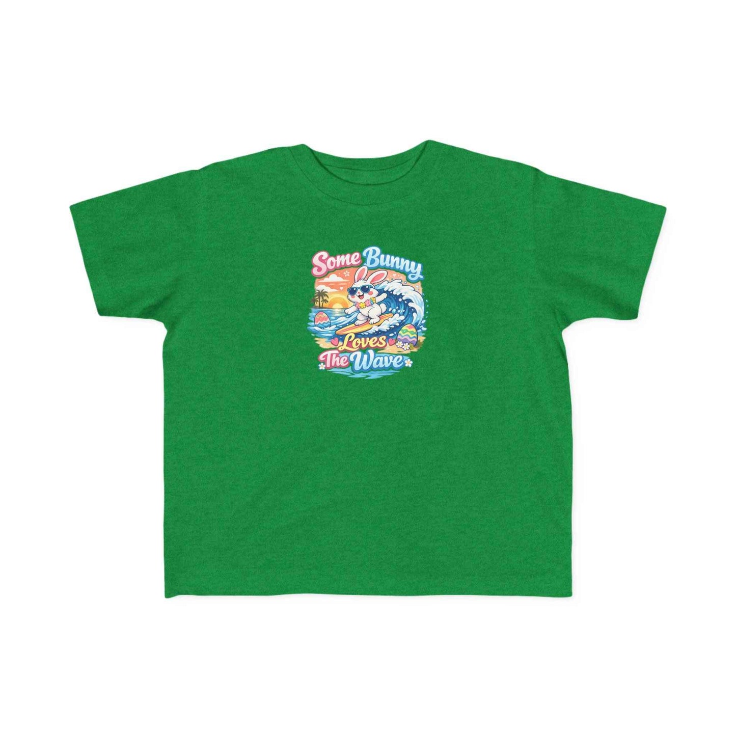 Some Bunny Loves The Wave Easter T-shirt with surfing bunny and pastel eggs on sunset wave background.