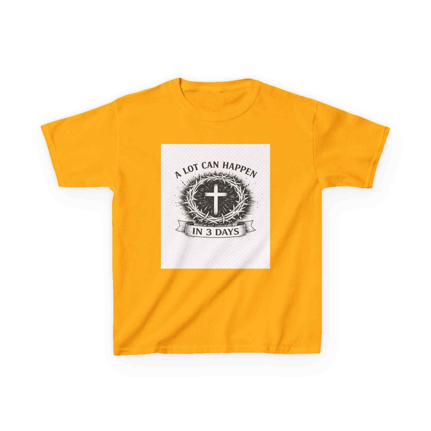 Kids tee with vintage Christian cross and "A Lot Can Happen in 3 Days" design on soft midweight cotton