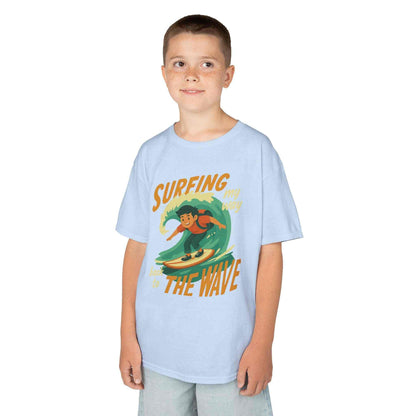 Kids Surfing The Wave T-Shirt with retro surfer graphic and vibrant colors